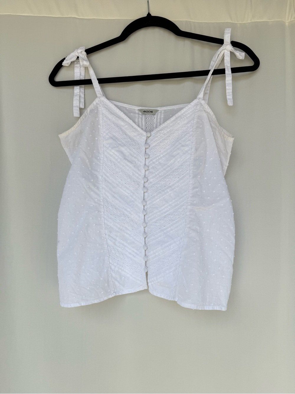 St. Roche White Cotton Lace Swiss Dot Tie Strap Button Tank Top
